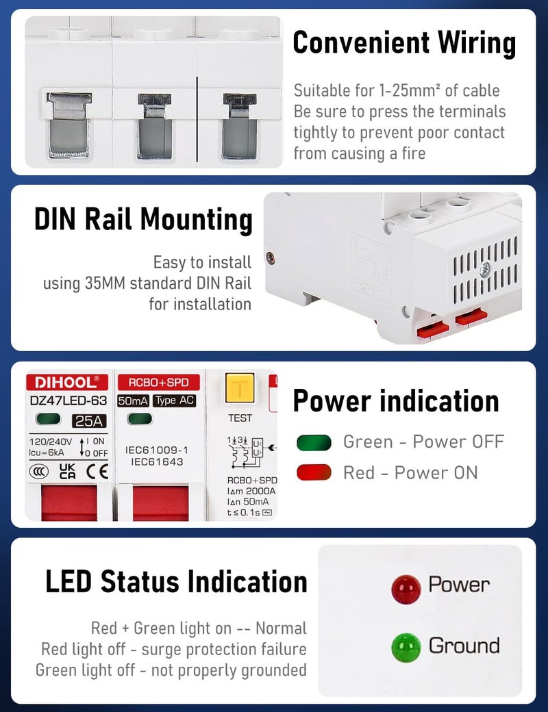 DIHOOL قاطع دائرة عطل أرضي مع حماية من زيادة الجهد، 25 أمبير AC 120V-240V، قاطع تيار متبقي مثبت على سكة DIN 25A - Image 2
